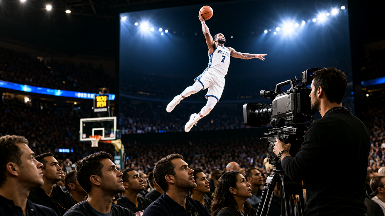 NBA篮球比赛中球员跳投得分的精彩瞬间,球场灯光聚焦于运动中的运动员